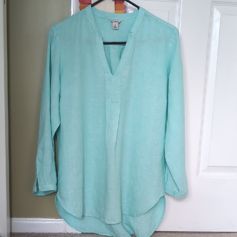 LL Bean Women's Aqua Linen Top Size M Pet